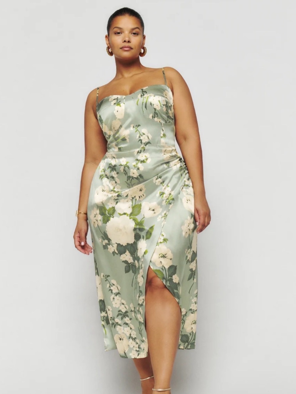 Reformation Marguerite Tarragon Floral 100% Silk Midi Dress Size 14 Tie Straps
